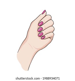 Mano con manicura, clavos aislados en fondo blanco.  Ilustración de moda para artistas de uñas, salones de belleza, logotipo, cubiertas, embalaje, tarjetas de felicitación, carteles, pegatinas, textiles. Vector eps 10.