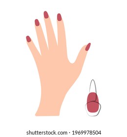 Hand with manicure, nails painted with varnish, logo, manicure salon, manicurist, care, nail polish, red, trending. Isolated, white background.