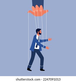 Mano manipula al hombre de negocios como marioneta en ilustración vectorial de diseño plano.