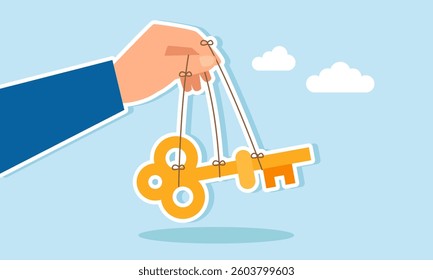 A hand manipulates a key using strings attached to fingers and the key, illustration of key control in business