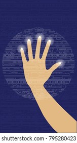 Hand manipulates on a transparent screen with electronic computer symbols - abstract blue background - vector illustration