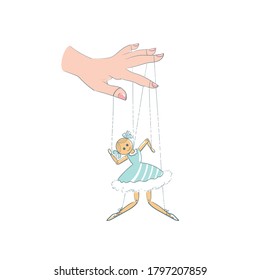 A hand manipulating a doll, a puppet. An obedient dancer, the ballerina is tied with threads to the fingers of a woman's hand. Vector isolated illustration in the style of a color sketch with strokes.