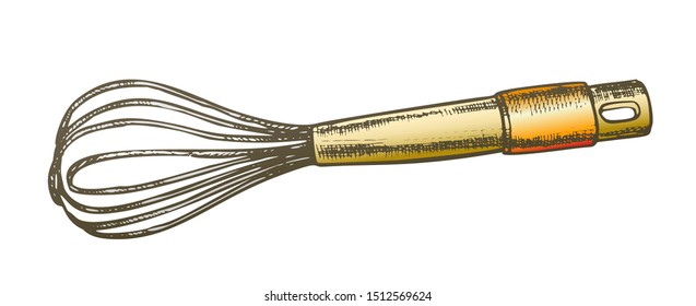 Hand Manual Mixer Kitchenware Color Vector. Metallic Manual Mix Kitchen Tool. Preparation Equipment Engraving Template Hand Drawn In Vintage Style Illustration