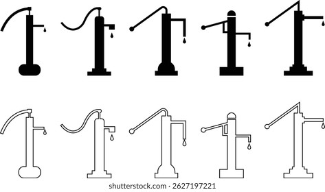 Hand or manual pump flat, line icons set. Consist of spout deep well, lever handle, pipe. Garden for suction source groundwater from shallow borehole at countryside isolated on transparent background.