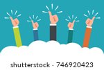 hand of many businessman with thumbs up feedback through the clouds vector illustration