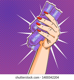 Hand with many tickets in the theater, vector hand drawn pop art illustration isolated on purple background with many dots