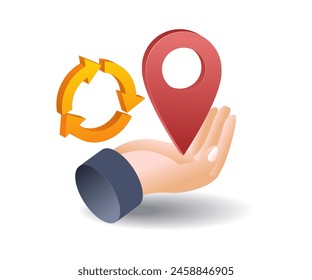 Hand with map location pin infographic flat isometric 3d illustration