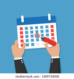Hand with mark calendar. Vector flat icon