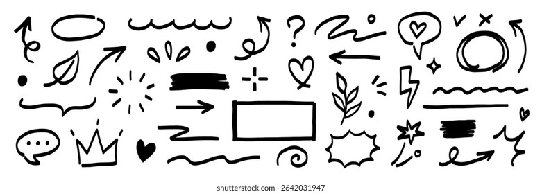 Hand marker line icon brush element set. Hand drawn marker sketch style underline, arrow, heart shape. Doodle crown, heart, pointer and symbol element for business infographic. Vector illustration