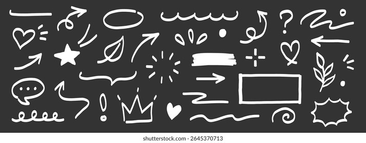 Hand marker line icon brush set. Chalk underline, arrow, frame and stroke in white on black chalkboard background. Bold modern sketch elements for business infographic or web design. Vector