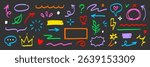 Hand marker line icon color brush element set. Hand drawn colorful sketch underline, arrow, heart shape with playful style. Doodle crown, highlight, pointer and symbol for fun design. Vector