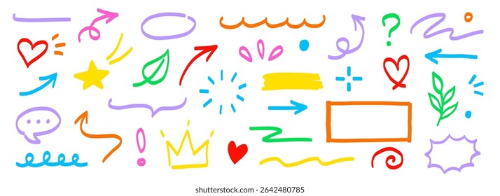 Hand marker line icon color brush element set. Hand drawn colorful sketch underline, arrow, heart shape with playful style. Doodle crown, highlight, pointer and symbol for fun design. Vector