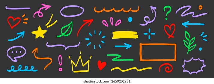 Conjunto de elementos de pincel de cor do ícone da linha do marcador da mão. Mão desenhado colorido esboço sublinhado, seta, forma de coração com estilo divertido. Doodle coroa, realce, ponteiro e símbolo para design divertido. Vetor