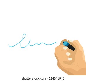 Hand with marker writing something. Flat concept illustration of hand with blue marker