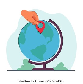 Hand marking location on globe with pin flat vector illustration. Person planning trip, travel or journey. Transportation concept for banner, website design or landing web page