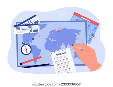 Hand marking places on map with pins vector illustration. People choosing countries to visit and planning travel year with calendar and plane tickets. Long term travel, travel plan, summer concept