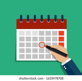 Hand marks calendar time. Businessman plans monthly meetings. Appointment of date for business, teamwork plans. Schedule of holiday in flat style. Week agenda on calendar. Design vector illustration