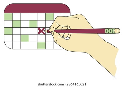 A hand marks a date with a cross on a calendar using a pencil. Simple vector green-beige-burgundy clipart with black outline isolated on transparent background