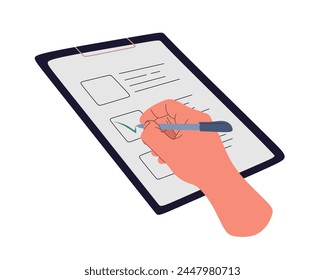 Hand marks a tick on a paper checklist on clipboard. Concept of Filling questionnaire, survey form, document. Human hand marks the correct option, marking checkmark. Colored flat vector illustration