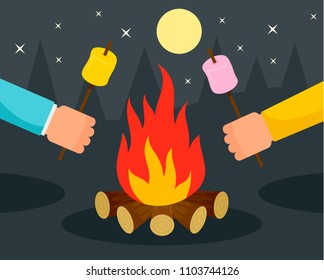 Hand with marshmallow at camp fire background. Flat illustration of hand with marshmallow at camp fire vector background for web design