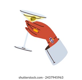 Hand with martini cocktail. Holding elegant holiday alcohol drink with olive. Party alcoholic beverage in glass, wineglass on stem, celebrating. Flat vector illustration isolated on white background