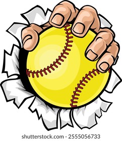 A hand mascot holding yellow softball ball