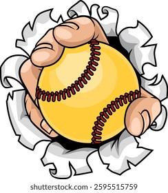 A hand mascot holding yellow softball ball