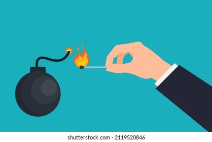 hand with match burning bomb wick vector illustration