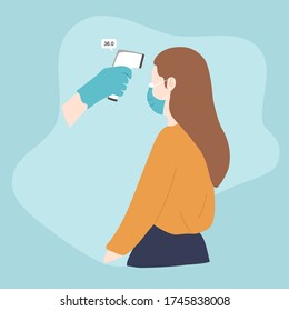 Hand measures the temperature of woman in medical mask. Body temperature check point during Covid-19 outbreak