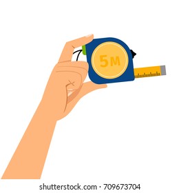 Hand with measuring tape isolated on the white background, vector flat illustration