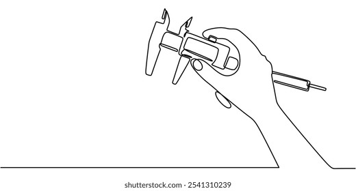 Mano con la herramienta de medición. Dibujo continuo de una línea que representa la ingeniería y la precisión de fabricación.