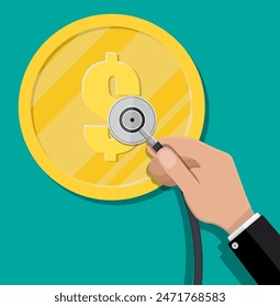 Hand with medial stethoscope and big golden coin with dollar sign. Check the financial stability. Vector illustration in flat style