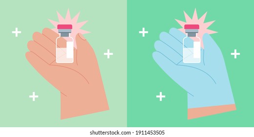 Hand in medical blue glove holding a medicine bottle. Coronavirus vaccine bottle.