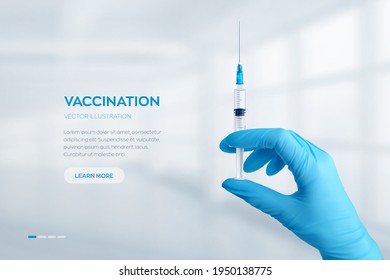 Hand in medical blue glove holding syringe with vaccine. Vaccination or medicare concept. Injection syringe with sharp needle in hand. COVID-19 coronavirus vaccine. Vector realistic illustration.