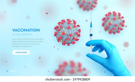 Hand in medical blue glove holding syringe with vaccine. Vaccination or Immunization concept. Injection syringe in hand and virus cells. COVID-19 coronavirus vaccine. Vector realistic illustration.