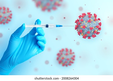 Hand in medical blue glove holding syringe with vaccine. Vaccination or Immunization concept. Injection syringe in hand and virus cells. COVID-19 coronavirus vaccine. Vector realistic illustration.