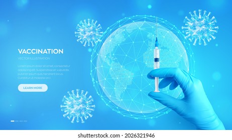 Mano en la jeringa para inyección de guante azul con vacuna. Vacuna contra el coronavirus COVID-19. Campaña de vacunación o inmunización. Globe, mapa del mundo. Detener el concepto de pandemia. Ilustración vectorial.