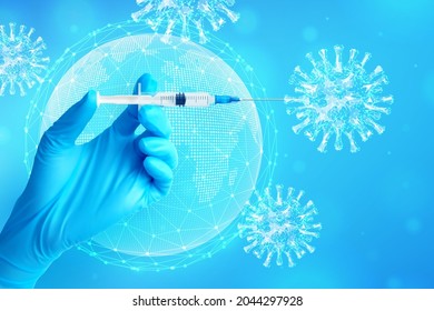 Hand in medical blue glove holding syringe with vaccine. Vaccination or Immunization concept. Injection syringe in hand and virus cells. COVID-19 coronavirus vaccine. Globe, world map. Vector.