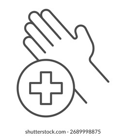 Hand mit medizinischer Kreuzblase dünn Linie Symbol, Hygiene-Konzept. Vektorgrafiken. Reines Palmenzeichen auf weißem Hintergrund, Umrissstilsymbol für Mobil- oder Webdesign