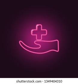 hand and medical cross icon. Elements of insurance in neon style icons. Simple icon for websites, web design, mobile app, info graphics