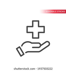 Hand And Medical Cross Line Vector Icon. Health Care Symbol, Editable Stroke.