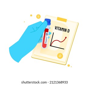 Hand In Medical Glove With Blood Sample For Vitamin D Deficiency Test. Medical Health Analysis. Hospital Exam Of Your Vitamin Levels. Bright Vector Illustration Concept