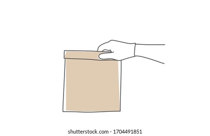 Hand in medical glove holding empty paper bag. Delivery service concept. Concept of safe package delivery against. Hand drawn vector illustration.