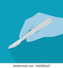 hand in medical glove holding a scalpel icon- vector illustration