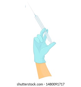 Hand in a medical glove holding a syringe. Vector image isolated on white background. For medical publications, immunization and vaccination campaign of people against infection and bacterial disease.