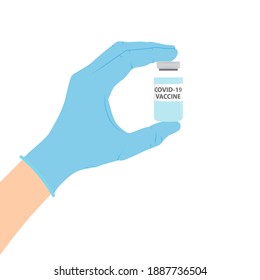 Hand  in a medical glove holds a bottle with covid-19 vaccine. Vaccination Concept. Vector Illustration