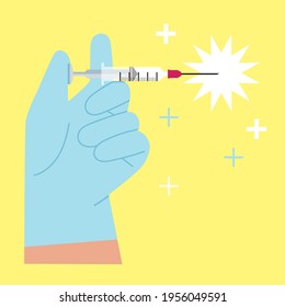 Hand in a medical glove holds a syringe. Vaccination picture for magazines and newspapers.