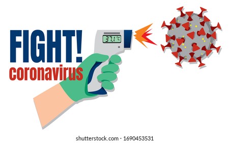 Hand in medical glove with infrared thermometer kills COVID-19 coronavirus. Vector illustration of a dangerous virus