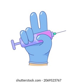 Hand in medical glove with syringe doing victory sign. Medical plastic syringe with pink liquid in doctor hand. Coronavirus covid-19 pandemic prevention vector illustration on white background