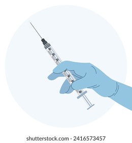 A hand in a medical glove with a syringe. Medical icon. The concept of vaccination. Illustration, vector